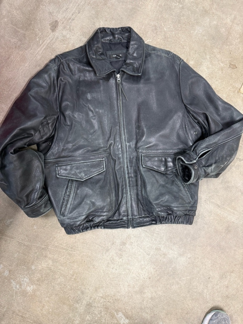 Distressed Colebrook Men's Black Leather Bomber Jacket - Classic Zip Front